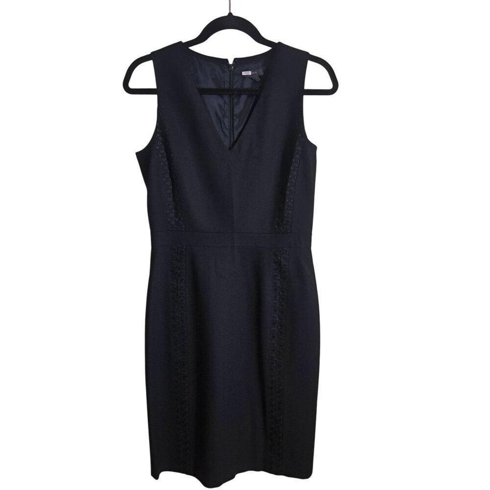 J. Crew 100% Wool Black VNeck Career Sheath Dress Crochet Inlay Detail Size 4T